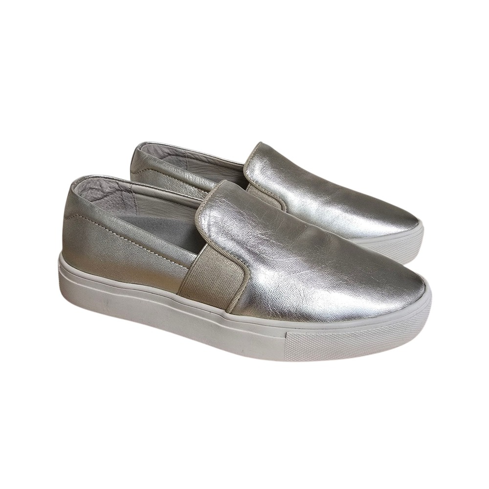Birdies Slip On Sneakers Metallic Silver Leather‎ Flat Shoes Women's Size 6.5